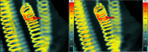 2. ábra 640×480 képpont: max. 425 °C (balra), 640×480 detektor+microscan=1280×960 képpont: max. 428°C (jobbra) (forrás: PIM)
