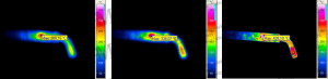 links: sehr schlechte Fokussierung - Höchstwert 280°C; in der Mitte: weniger schlechte Fokussierung - Höchstwert 338°C; rechts: perfekte Fokussierung - Höchstwert 428°C